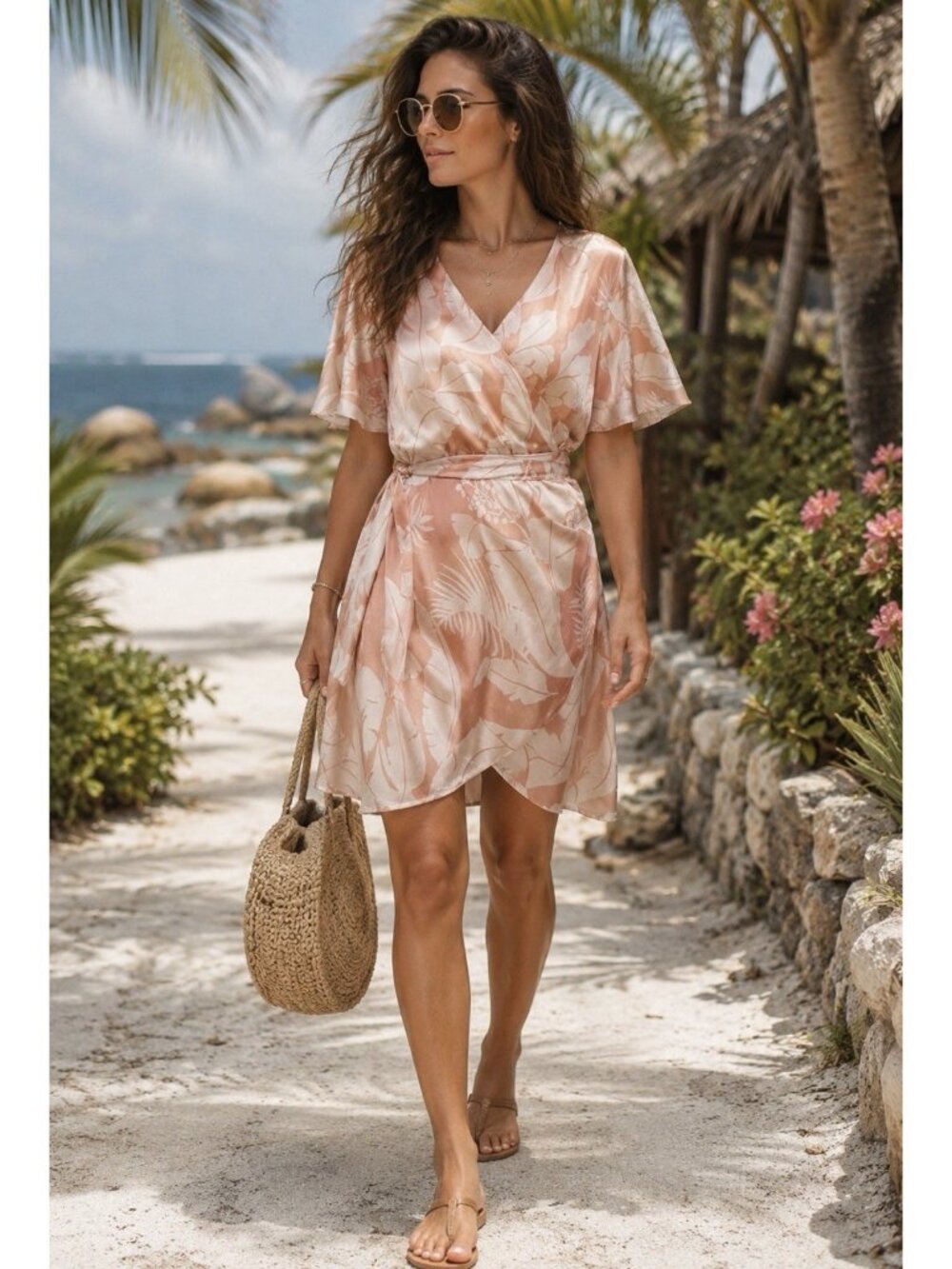 LexBreezy Mini Wrap Dress Womens Large Tropical Palm Hawaii Aloha